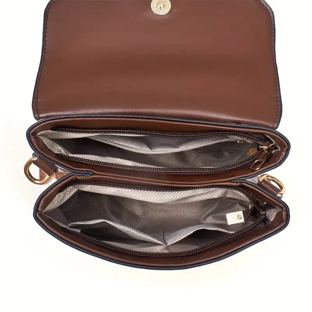 Brown Cow Print Vegan Leather Satchel Crossbody Bag - Picture 5 of 6